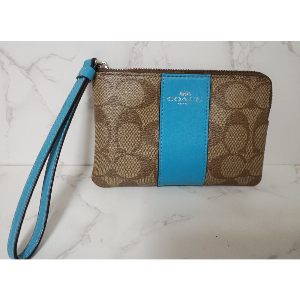 COACH Signature PVC Leather Khaki/Turquoise Corner Zip Wristlet - EUC